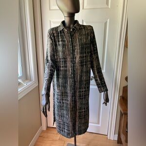 Olive green and taupe print knit cardigan.